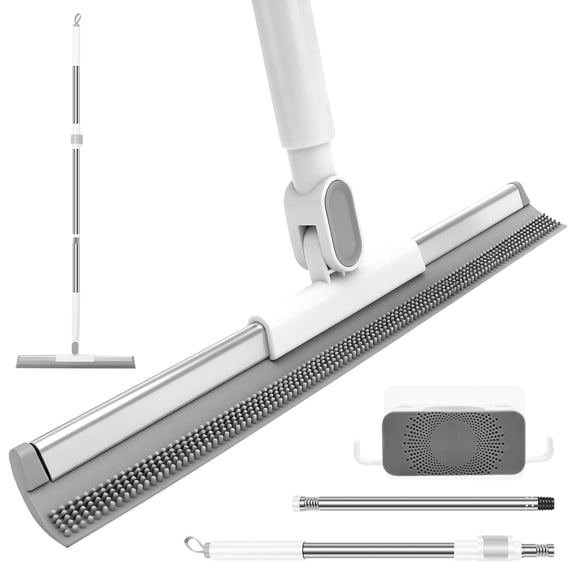 Grusce Silicone Floor Squeegee, Rubber Squeegee Broom with 180° Rotating Head, 47 inch Long Handle Magic Broom Sweeper for Epoxy Floor, Pet Hair, Water Removal, Bathroom Tile, Shower Glass, Carpet