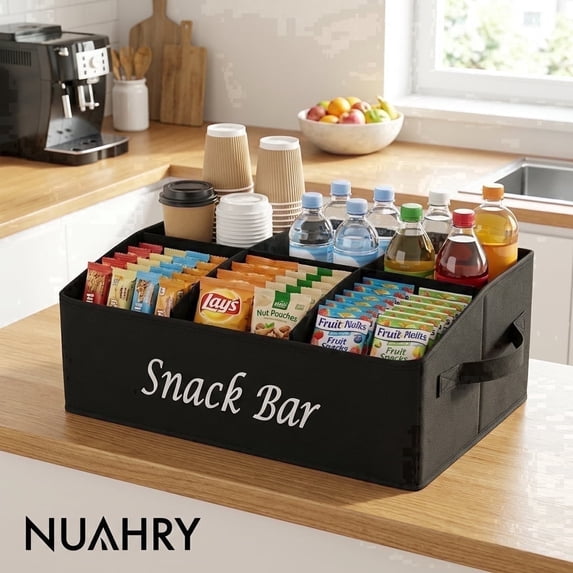 Countertop Snack Organizer, 6-Compartment Fabric Snack Basket with Handles, Foldable Pantry Bin for Coffee Bar & Office Breakroom Black