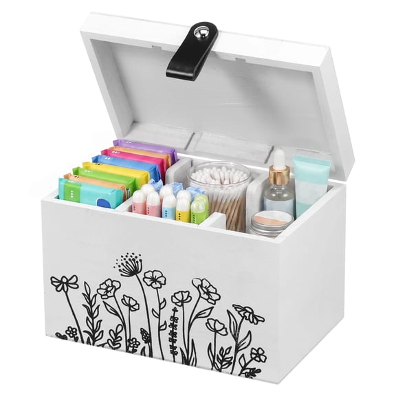 Grusce Solid Wood Tampon Holder Box with Lid, Copper Leather Pull, Real Wood Bathroom Decorative Box for Feminine Product Storage and Accessories such as Tampons, Cotton Balls, Gifts for Women