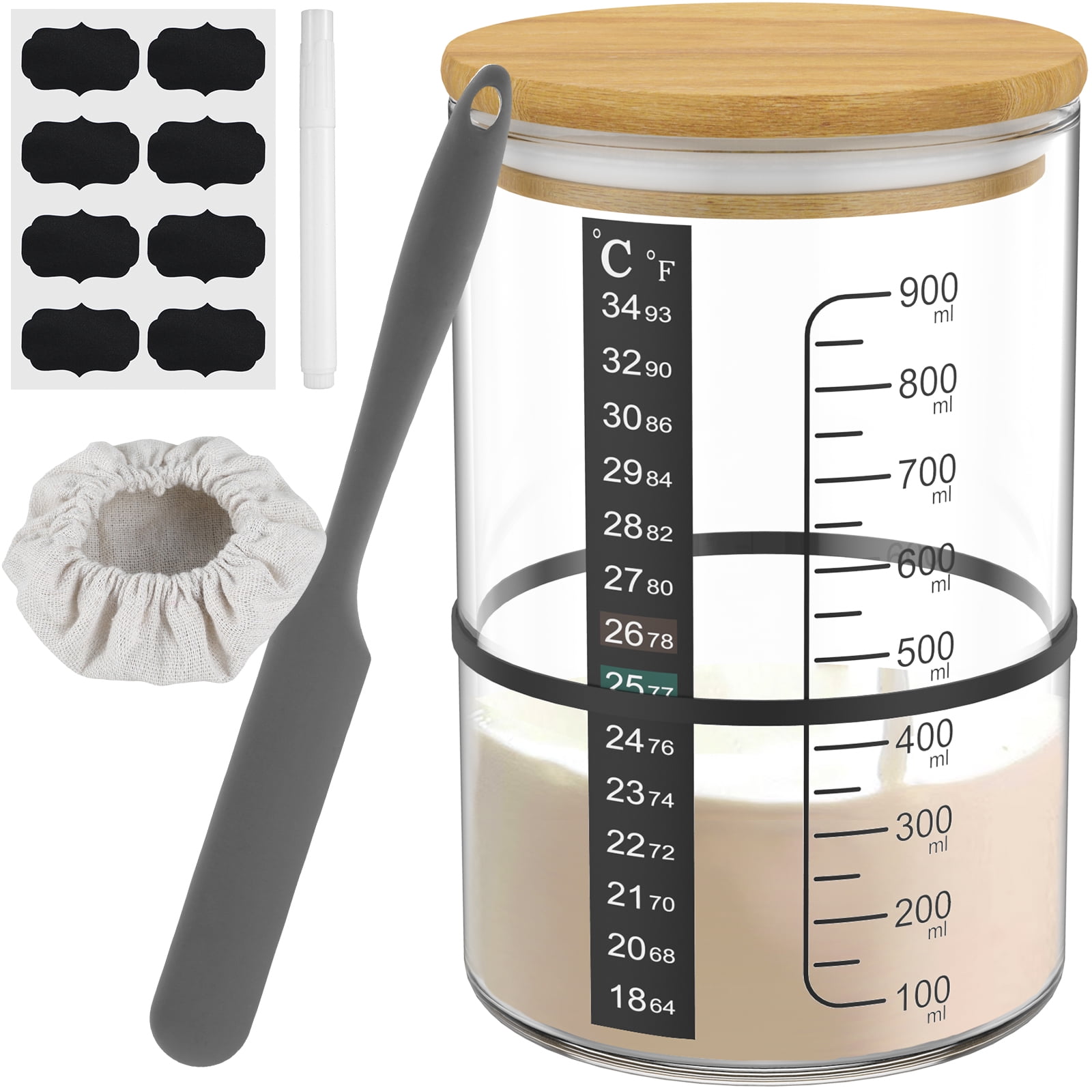 Sourdough Starter Jar Kit With Date Band & Thermometer - 35 Oz/1000ml Wide Mouth Glass Jar, Cloth Cover, Wood Lid