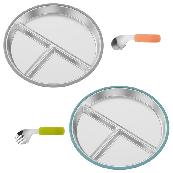 Grusce Stainless Steel Baby Suction Plate, Unbreakable Heat Resistant Baby Divided Plate, with Removable Silicone Sleeve for Kids and Toddlers
