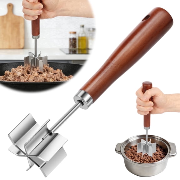 Stainless Steel Meat Chopper, 6 Curve Blades Ground Beef Chopper Tool, Heat Resistant Meat Masher, Hamburger Smasher, Meat Pounder with Wooden Handle, Dishwasher Safe Cooking Kitchen Tool