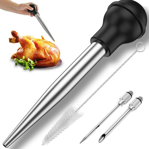 Grusce Stainless Steel Turkey Baster - Food Grade Metal Turkey Baster Syringe with 2 Marinade Needles 1 Cleaning Brush for Cooking Meat Injector Set Home Baking Kitchen Tool