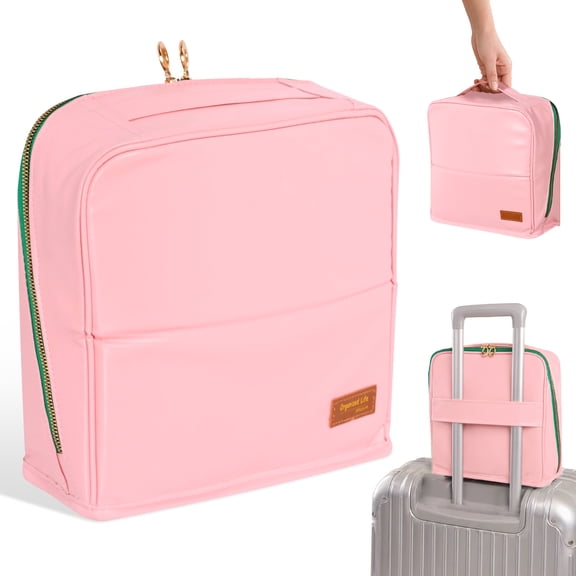 Grusce Standing Makeup Bag, Sturdy PU Cosmetic Organizer with Foldable Phone Holder, Waterproof Travel Toiletry Case with Wipeable TPU Brush Holder