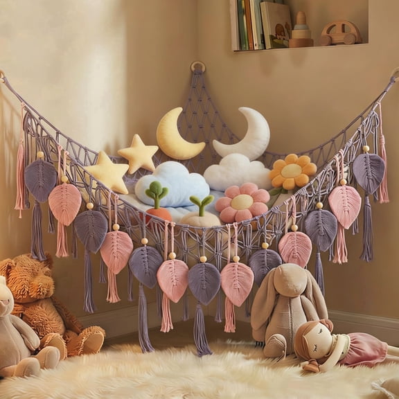 NUAHRHY Stuffed Animal Hammock Corner, Pretty Jolly Stuffed Animal Storage with Hand Woven Leaf Tassels, Hanging Net Boho Macrame Plush Storage for Toy Kid Room Wall Nursery Decor