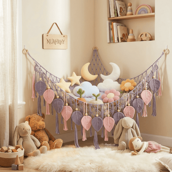 Stuffed Animal Hammock, Corner Toy Storage Net with Leaf Tassels, Large Hand-Woven Hanging Organizer for Plush Toys, Boho Nursery Room Decor