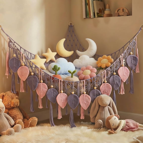 NUAHRHY Stuffed Animal Hammock Corner, Pretty Jolly Stuffed Animal Storage with Hand Woven Leaf Tassels, Hanging Net Boho Macrame Plush Storage for Toy Kid Room Wall Nursery Decor