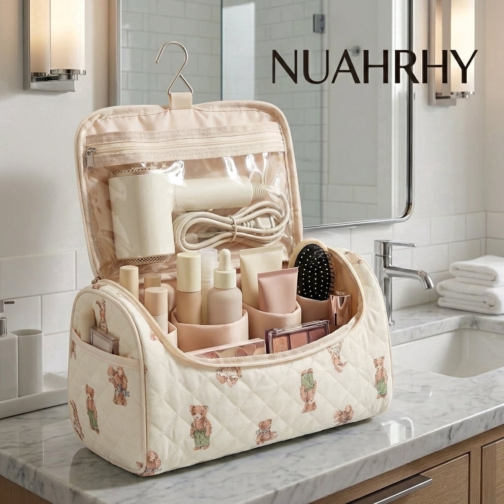 NUAHRHY Makeup Bag with Handle, Vertical Cosmetic Toiletry Bag, Cute Travel Essentials Case with Compartments, Hair Tool Dryer Organizer Bag with Hook