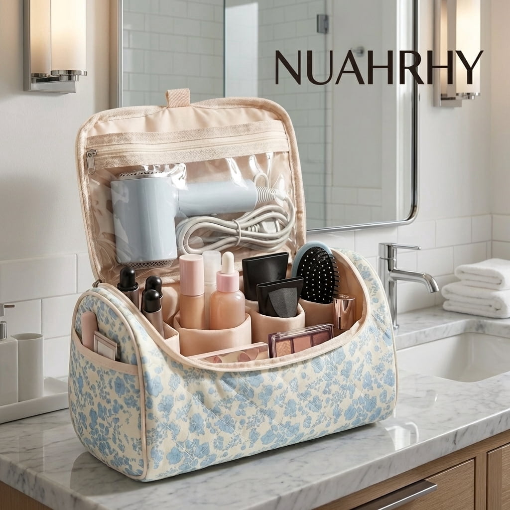 NUAHRHY Travel Makeup Bag with Handle, Cosmetic Organizer Bag Toiletry Bag for Women Girls, Cute Travel Essentials Case with Compartments, Vertical Make up Storage Bag Hair Dryer Holder
