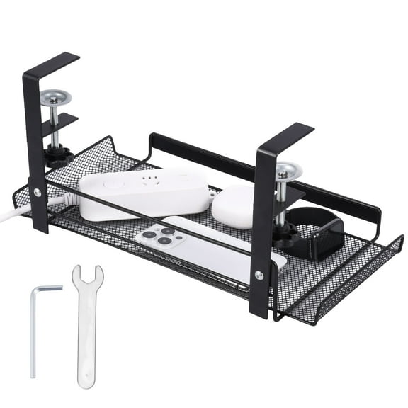 Grusce Under Desk Cable Management Tray with Clamps Carbon Steel Under Desk Cable Organizer No Drill Installation for Home Office Workstation