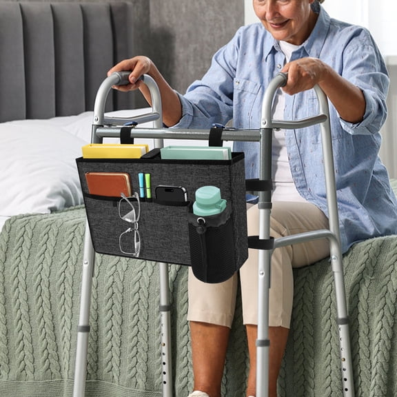 Grusce Walker Bag with Cup Holder, Walker Storage Bags, Multi Pockets Walker  Hands-Free Attachment Basket, Mobility Aid Accessory Pouch for Elderly, Senior-Black