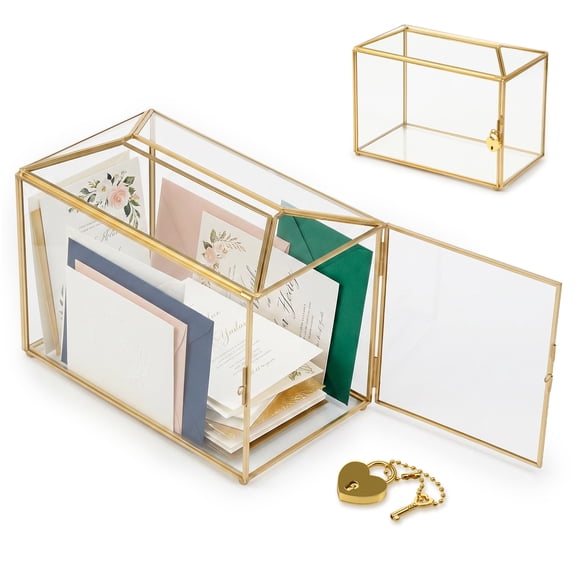 Grusce Wedding Card Box with Lock and Slot, Clear Glass Wedding Present Card Box for Reception Birthday Party Jewelry Photos