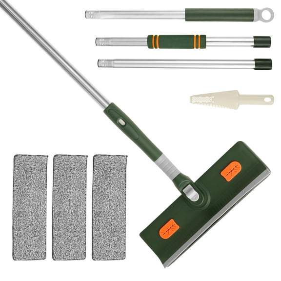 Grusce Window Squeegee with Scrubber, Window Cleaning Kit Glass Squeegee with 4 Microfiber Pads and Extendable 4 Section Stainless Steel Pole, Glass Cleaning Tool for Shower Floor Outdoor Cleaning