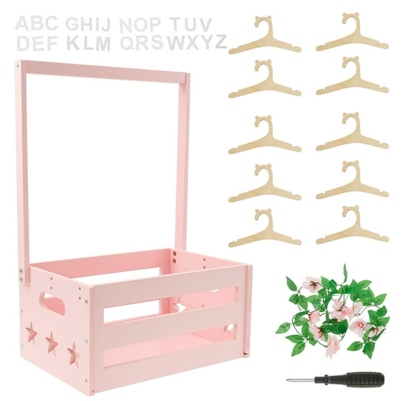 Grusce Wood Baby Shower Crate Closet with Handle, Wooden Baby Shower Crate with Clothes Hangers, Letters and Garland for Newborn Boys Girls