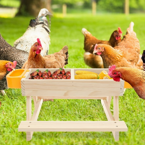 Grusce Wood Chicken Picnic Table Feeder with Water Bowls Unique Chicken Picnic Table Reduce Waste and Mess Chicken Feeder for Hens Ducks Turkeys Geese and Other Poultry