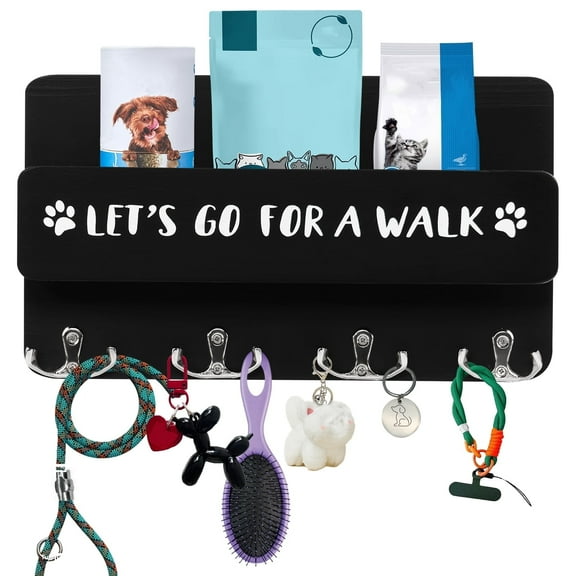 NUAHRHY Wood Wall Mount Dog Treat Container Collar Holder With 4 Double Hook Space Saving Leash Key Holder Smooth Surface