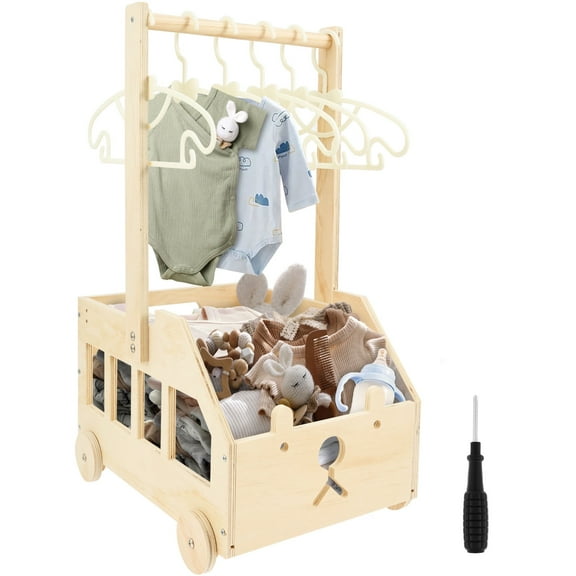 Grusce Wooden Baby Shower Crate Closet Gifts, Baby Shower Basket with Hanger Rack, Personalized New Baby Clothes Wood Boxes Basket with Wheels & Higher Handle