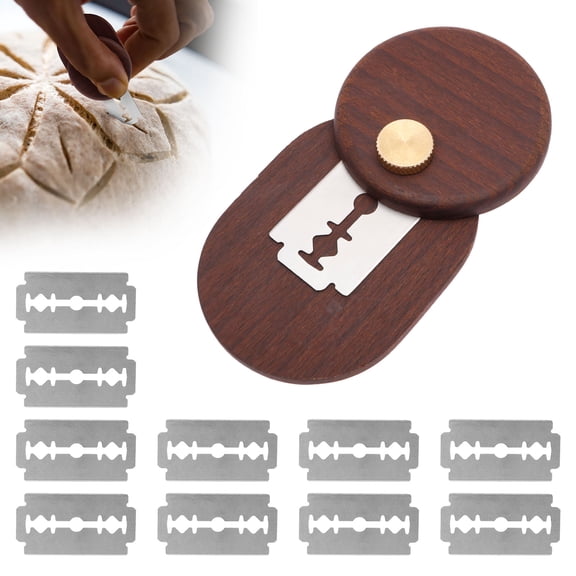 Grusce Wooden Bread Lame Dough Scoring Tool, Foldable Sourdough Slashing Tool Knife, Wood Sourdough Lame Cutter, Dough Scoring Knife for Bread Baking Includes 10 Replaceable Razor Blades