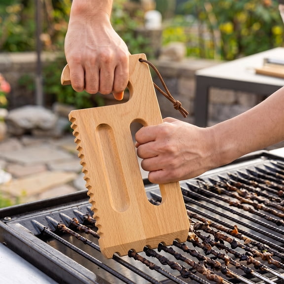Grusce Wooden Grill Scraper with Ergonomic Handle, Bristle-Free Grill Cleaner for Patio Barbecue, 3-in-1 Wood Grill Brush, Wide Scraping Surface, Deeper Grooves