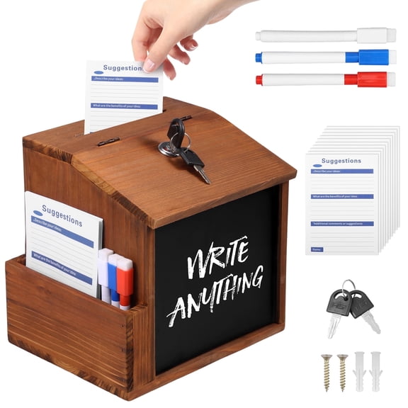 Wooden Suggestion Box, Wood Donation Box with Slot and Lock, Prayer Ballot Secure Comment Box, Tip Money Drop Box with 10 Suggestion Cards and 3 Erasable Pens for Wedding, Church & Classroom