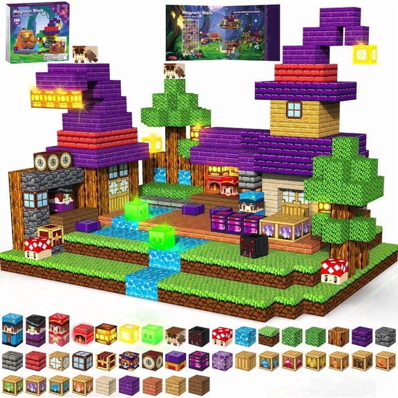 Gryxpox 200Pcs Magnetic Blocks, Magnetic Stacking Cubes, Magic School with Light - STEM Sensory Toy Gift for Kids Ages 3-10, Christmas Birthday Gift