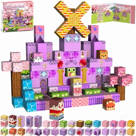 Gryxpox Magnetic Blocks – 200 Pcs Toy Blocks, Princess Castle, Stacking Magnets for Kids, Sensory Toy STEM Learning for Kids 3+ Girls