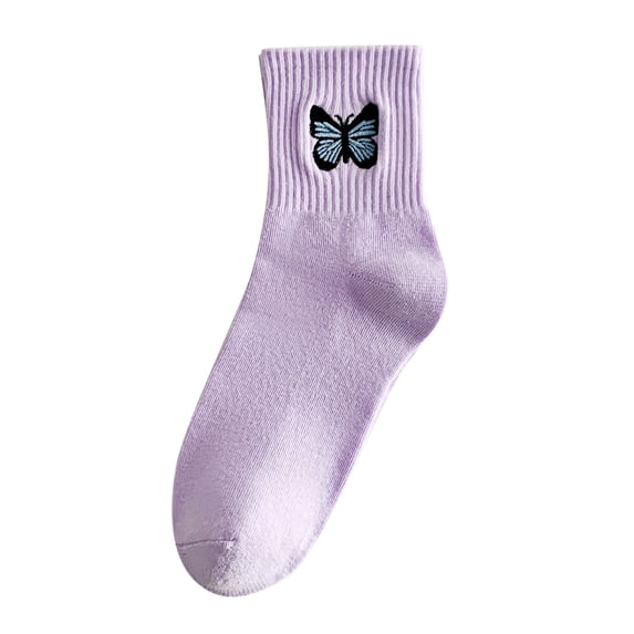 Gsakboxl Ankle Socks Women Pure Cotton Mid Calf Sports Socks Elegant Butterfly Embroidery All Match Casual Stockings Violet