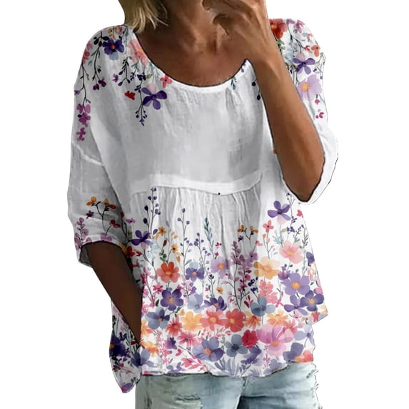 Gsakboxl Boho Tops for Women Women Plus Size Loose Fit Art Floral Print Round Neck 3/4 Half Sleeve Casual T Shirt Breathable Oversized Summer Blouse Wine Red M