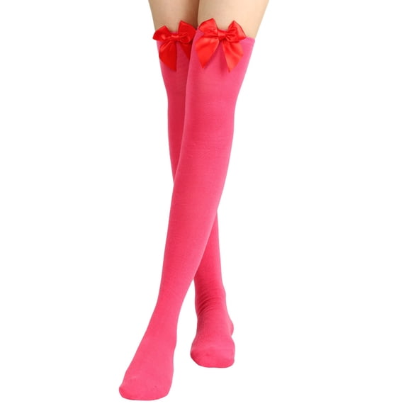 Gsakboxl Bow Thigh High Socks Classic Sweet Style Decorative Bow Accent Straight Knit Design Solid Color Tall Stockings for Daily Wear Photo Prop and Gift