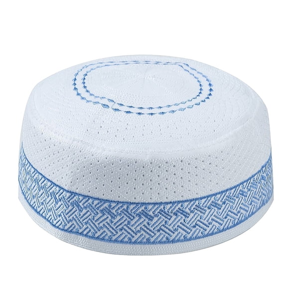 Gsakboxl Bucket Hat Muslim Cotton Embroidered Flat Kufi Hat For Men Islamic Prayer Cap Blue