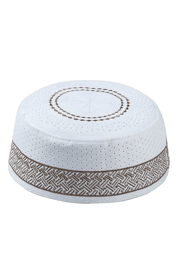 Bucket Hat Muslim Cotton Embroidered Flat Kufi Hat For Men Islamic Prayer Cap Coffee