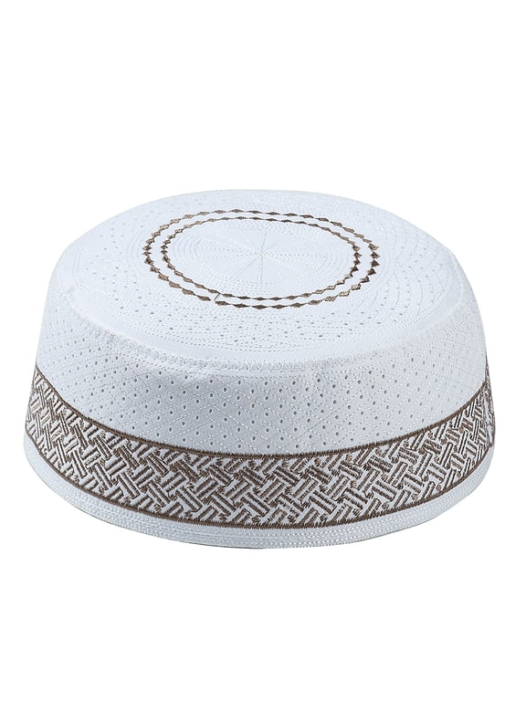 Bucket Hat Muslim Cotton Embroidered Flat Kufi Hat For Men Islamic Prayer Cap Coffee