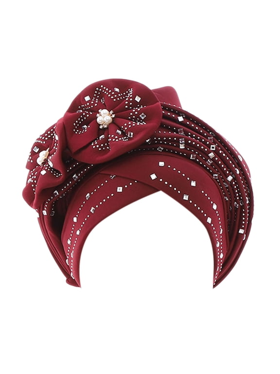 Bucket Hat Women Adjustable Air Layer Hot Fix Rhinestone African Turban Cap Soft Satin Lined Muslim Head Wrap Bonnet Wine Red