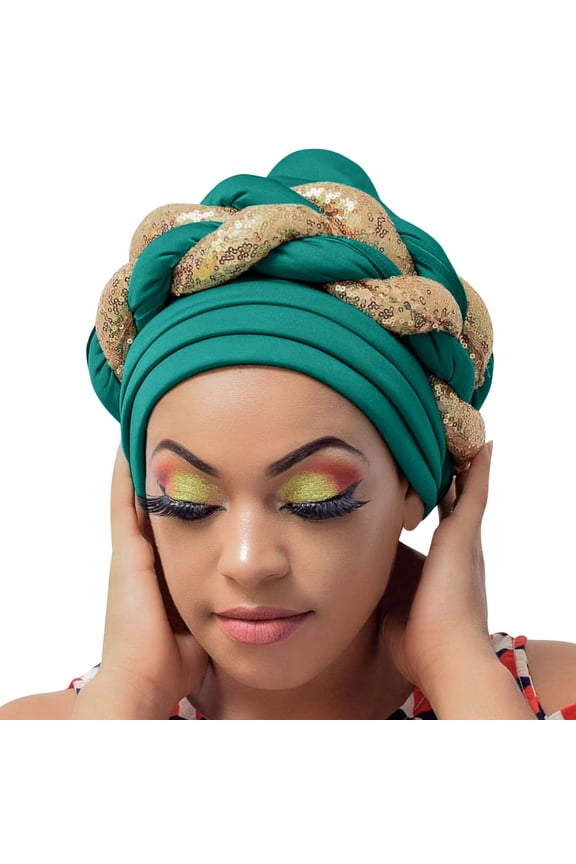 Bucket Hat Women Trendy Space Layer Sparkling Sequin Braided Braid Ruffle Beanie Satin Lined African Muslim Daily Sleep Wrap Cap Light Blue