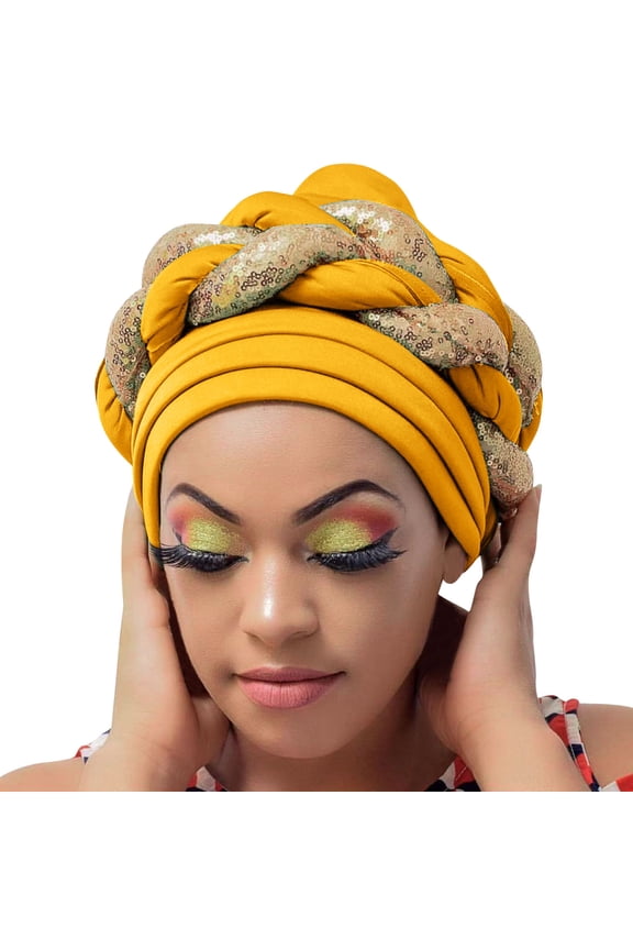 Bucket Hat Women Trendy Space Layer Sparkling Sequin Braided Braid Ruffle Beanie Satin Lined African Muslim Daily Sleep Wrap Cap Yellow
