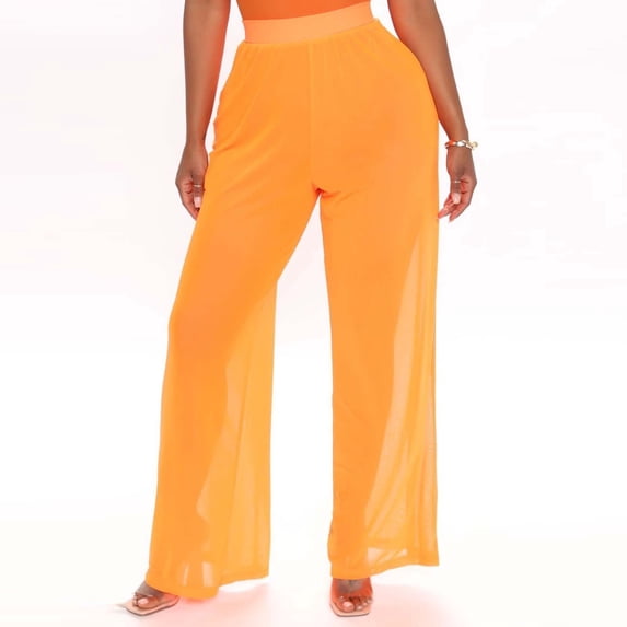 Gsakboxl Capri Pants for Women Solid Sheer Mesh See Through Wide Leg Cover Up Bikini Bottom Elastic Waist Beach Swim Trunks Orange
