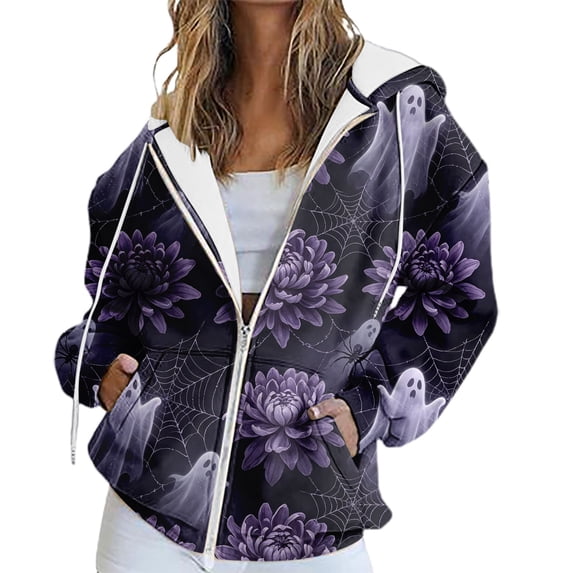 Gsakboxl Cardigan Sweaters for Women Solid Color Full Zip Up Hooded Sweatshirt With Halloween Pumpkin Print Loose All-Match Long Sleeve Casual Outer Hood Top For Fall Holiday Daily