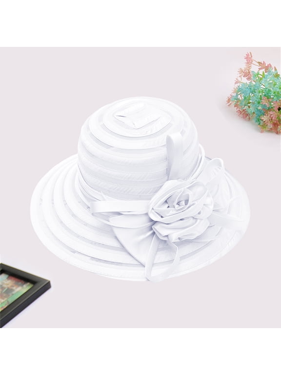 Cloche Hat for Women Satin Floral Ornament Layered Striped Brim Organza Dress Hat for Church Event Tea Party Wedding Guest Formal Occasion