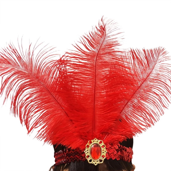 Gsakboxl Feather Headband Ostrich Feather Gem Rhinestone Decoration Vintage Showgirl Style Party Hair Band for Stage Performance Show Themed Event