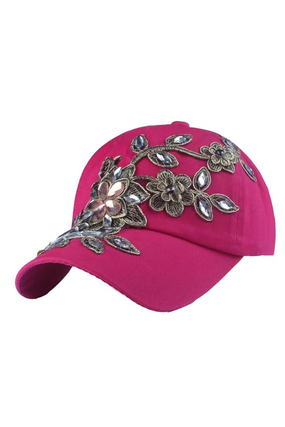 Hat With Fan Unisex Handmade Heavy Rhinestone Golden Thread Floral Denim Baseball Cap Solid Color Windproof Lightweight Hip Hop Sun Hat Ideal Birthday Gift Hot Pink