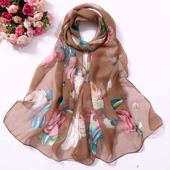 Gsakboxl Head Scarf Women Romantic All Over Rose Print Long Simulation Silk Wrap Shawl Light Thin Sunscreen Scarf Beach