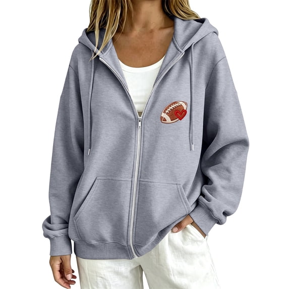 Gsakboxl Hoodie Women Football Embroidery Full Zip Up Long Sleeve Hooded Sweatshirt, Casual Outer Hood Jacket For Football Lovers Fall Daily Wear