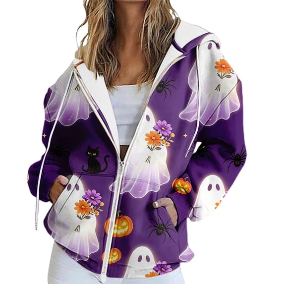 Gsakboxl Hoodie Women Solid Color Full Zip Up Hooded Sweatshirt With Halloween Pumpkin Print Loose All-Match Long Sleeve Casual Outer Hood Top For Fall Holiday Daily