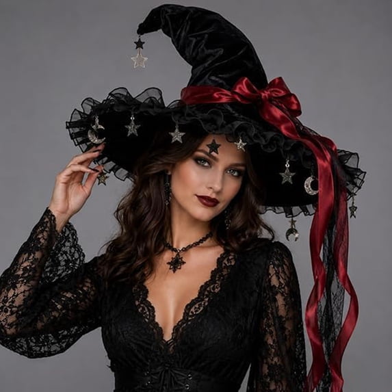 Gsakboxl Lace Witch Hat Curved Pointed Top Large Bow Decoration Gothic Party Headwear for Holiday Gift Choice Fun Photo Prop