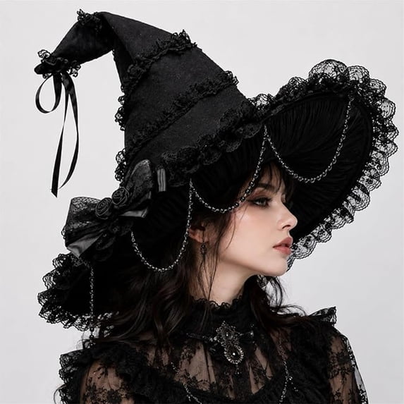 Gsakboxl Lace Witch Hat Curved Pointed Top Large Bow Decoration Gothic Party Headwear for Holiday Gift Choice Fun Photo Prop