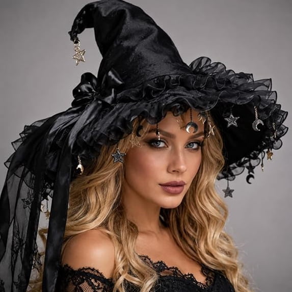 Gsakboxl Lace Witch Hat Curved Pointed Top Large Bow Decoration Gothic Party Headwear for Holiday Gift Choice Fun Photo Prop