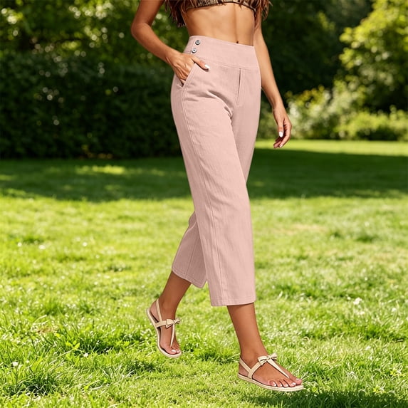Gsakboxl Linen Pants Women 2026 Summer Petite Size Lightweight High Waist Solid Straight Leg Cotton Linen Casual Full Length Trousers Pink