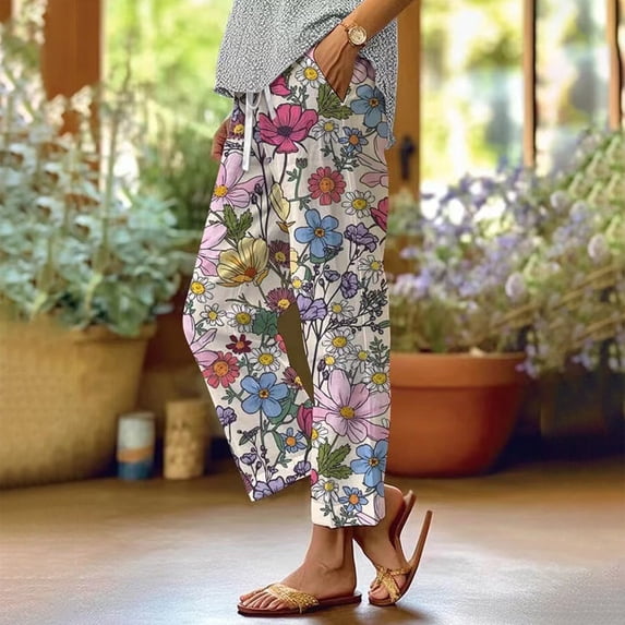 Gsakboxl Linen Pants Women Botanical Floral Print Patchwork Pocket Loose Fit Casual Full Length Trousers Hot Pink
