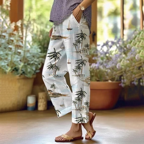 Gsakboxl Linen Pants Women Botanical Floral Print Patchwork Pocket Loose Fit Casual Full Length Trousers Mint Green