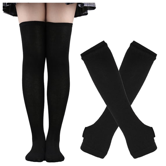Gsakboxl No Show Socks Women Halloween Striped Over Knee Socks & Matching Gloves Cosplay Costume Black